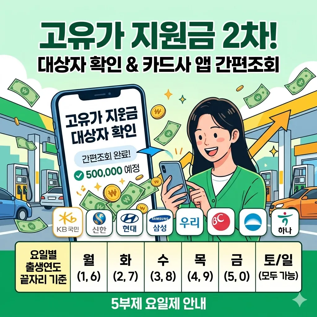 고유가 지원금 2차 신청 대상자 확인 카드사 앱 간편 조회와 5부제 요일제 기준