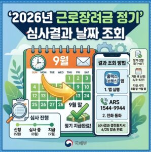2026년 근로장려금 정기 심사결과 날짜 조회 근로장려금 정기 심사결과 및 조기 지급일 안내
